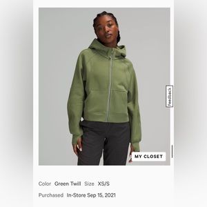 Lululemon Scuba Oversized Full Zip, Size XS/S, Green